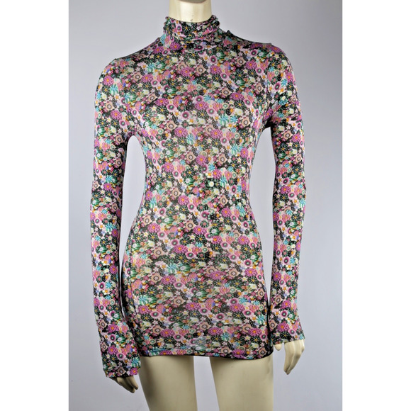 ISABEL MARANT T-Shirt Multicolor Floral Turtleneck Long Sleeve Stretch Top Sz 34 - Picture 1 of 16